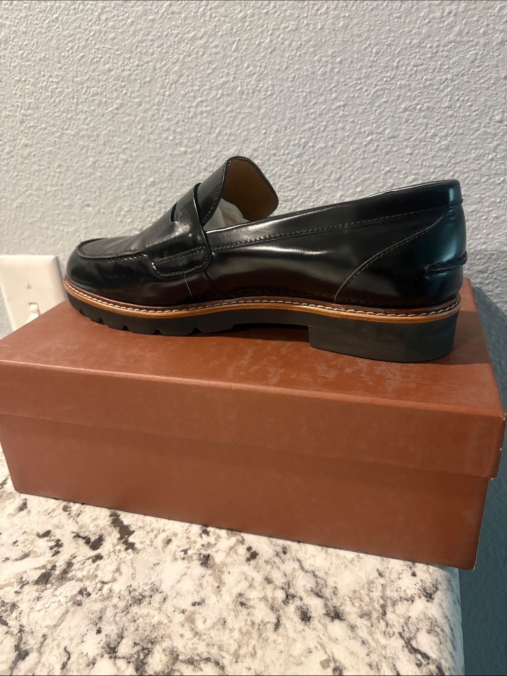 Coach Black Leather Penny Loafers with Tan Welt